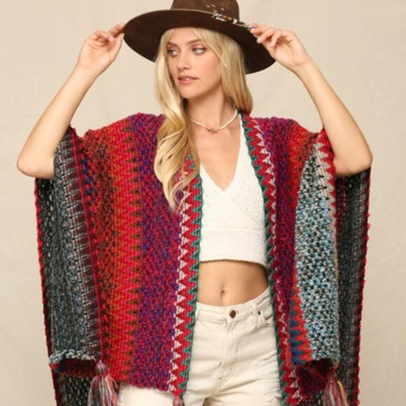 New Bohemian Knit Tasseled Poncho Cardigan Sweater Hippie Top Vintage NWT - Picture 2 of 8